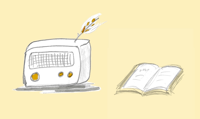radio et livre dessinés sur fond jaune