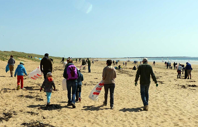 familles marchant sur la plage avec des sacs pour ramasser les déchets