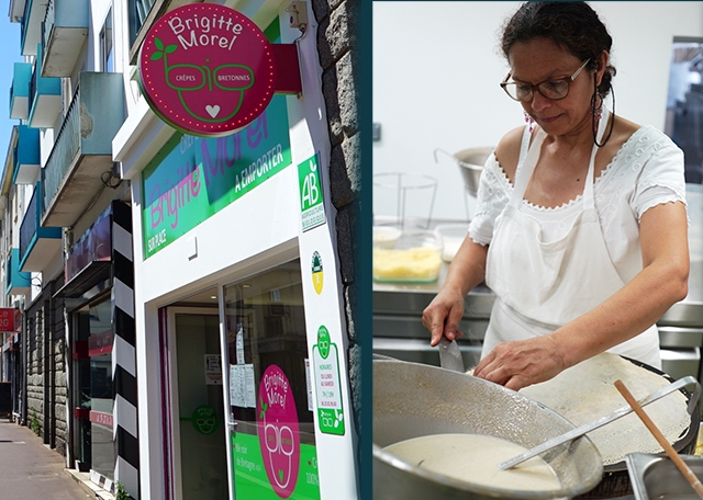 façade crêperie à gauche et photo crêpière devant bilig à droite